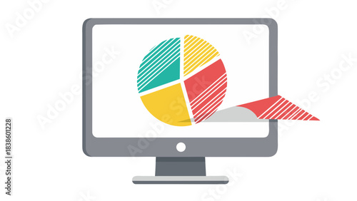 Flat Screen Computer Displaying A Colorful Pie Chart With Teal Yellow And Red Segments On A White Background With A Paper Peel Effect Showing Data Analysis And Statistics