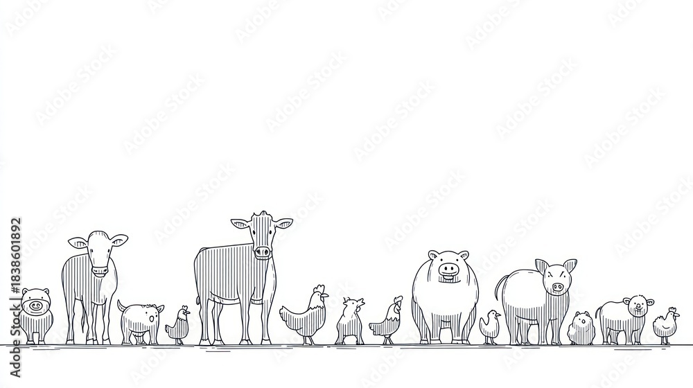 Naklejka premium Monochrome illustration of farm animals in a neat row, with simple lines