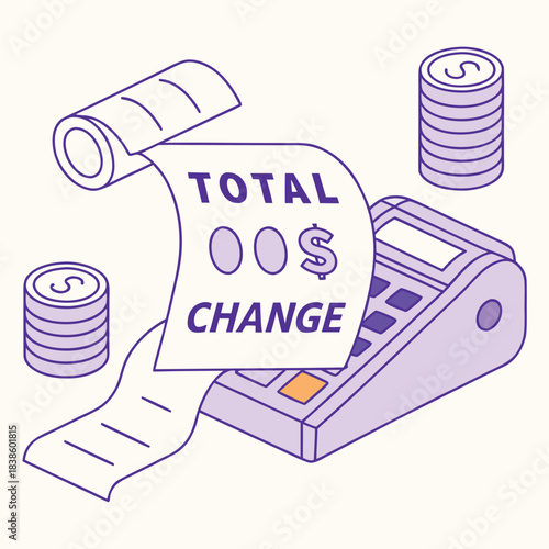 Cash register with receipt showing total and change payment processing concept.