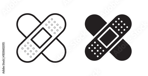 Band aid icons, black line art and clipart vector logo