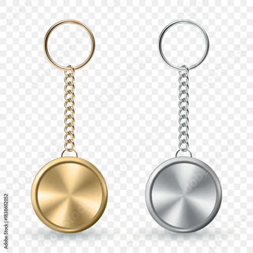 Vector 3d Realistic Metal Keychain Mockup Set in Gold and Silver, Isolated. Blank Round Metal Keychain for Branding, Souvenir Design, Logo Template, Gift Promotion. Vector Illustration