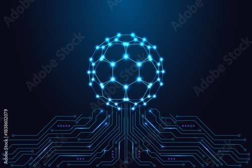Glowing fullerene nanostructure sphere connected to circuit board futuristic science vector