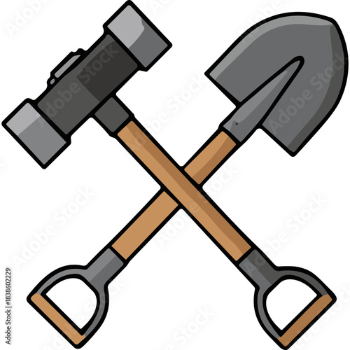 Crossed Sledgehammer and Shovel Tools on Black Background Industrial Construction and Labor Symbol Isolated