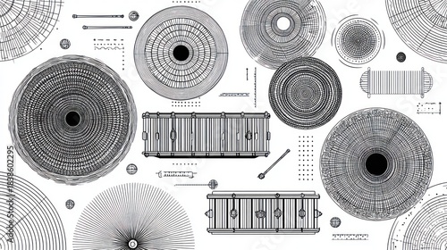 Monochrome abstract with circular and rectangular geometric elements on a white backdrop