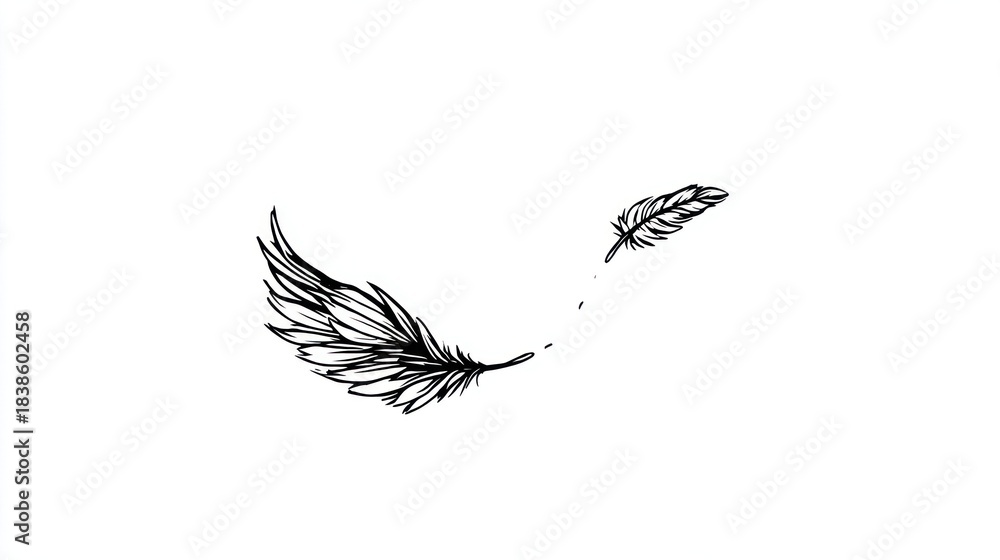 Fototapeta premium Delicate black feathers with detailed lines, floating against a clean white backdrop