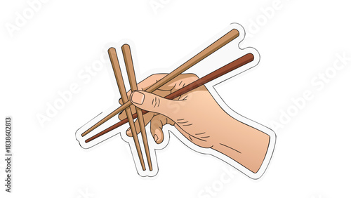 Hand Holding Multiple Wooden Chopsticks Against Black Background Demonstrating Asian Cuisine Utensils and Dining Preparation With Dotted Outline For Visual Emphasis