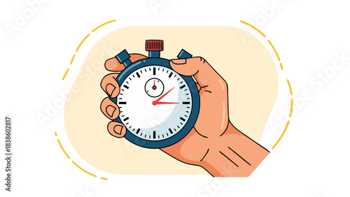 Hand Holding Stopwatch for Timing and Measurement with Red Button and White Face Illuminated by Soft Light Against a Pale Yellow Oval Frame