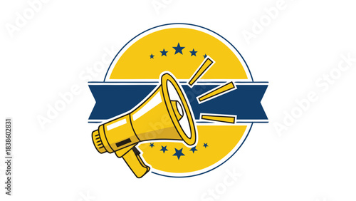 Golden Megaphone Emblem With Stars And Blue Ribbon Over Black Background Announcement Communication Promotion Loudspeaker Icon