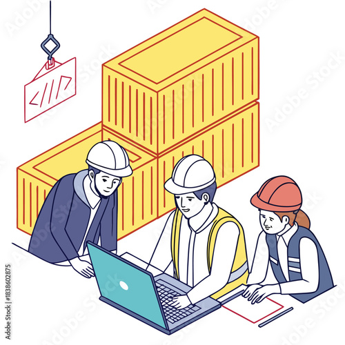 Construction workers collaborating on a project using a laptop computer to analyze data.