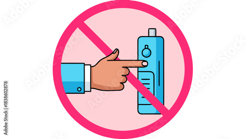 Graphic Illustration of a Hand Pointing at a Liquid Bottle Within a Red Prohibition Sign on a Pink Background
