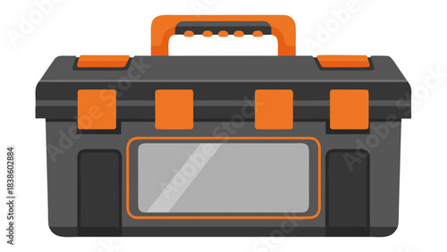 Gray and Orange Plastic Toolbox with Transparent Window and Handle on a Black Background