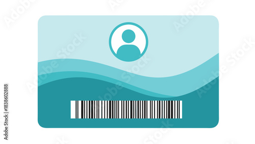 Graphic illustration of a modern identification card with a circular user icon a wavy design and a barcode on a white background