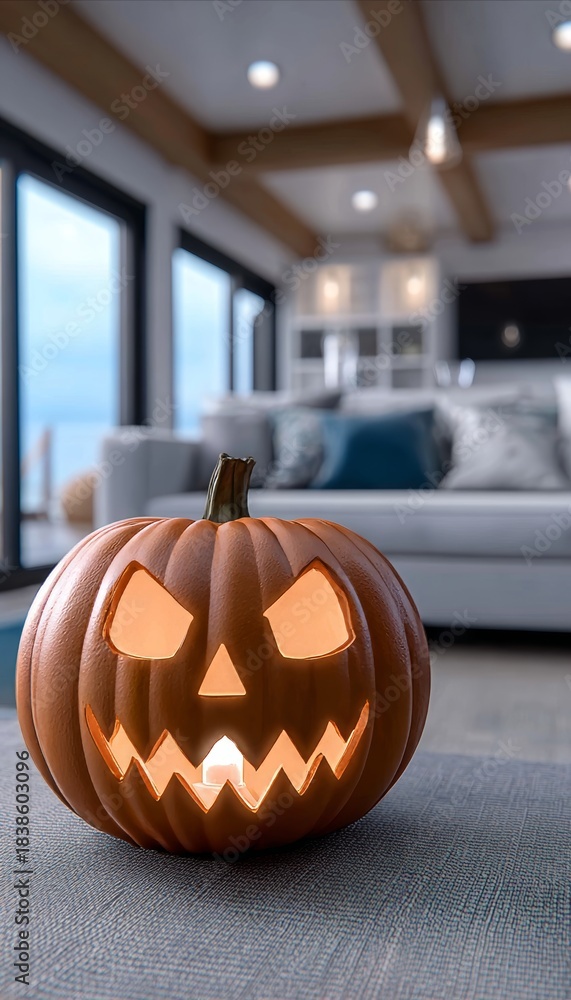Fototapeta premium Festively Carved Halloween Pumpkin on a Table, Brightly Lit Living Room Decorated for the Holiday