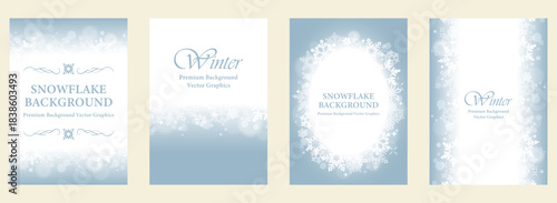 雪の結晶が飾る淡いブルーの冬背景フレーム4種セット（スノーフレークデザイン） | ベクター素材 カード コピースペース 
