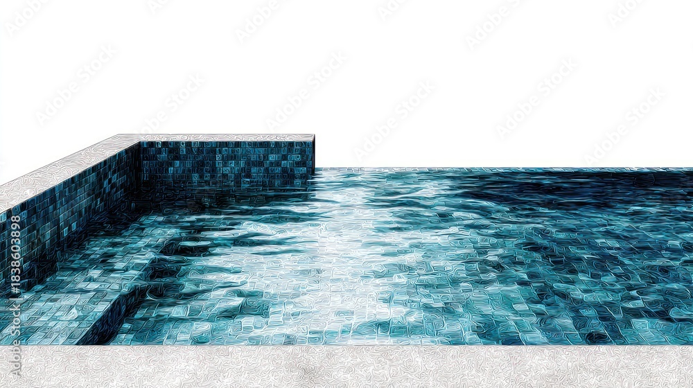 Obraz premium A stylish, tranquil pool with blue tiled interior and rippling water against a white background