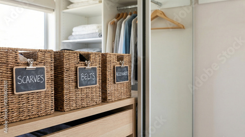 organized wardrobe with wicker baskets and neatly arranged clothes in a modern closet