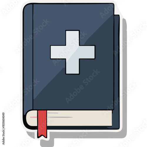 Dark Blue Book With White Cross Symbol and Red Bookmark On White Background