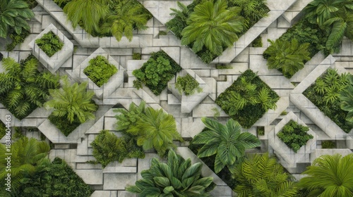Overhead view showcasing a geometric arrangement of green plants embedded in concrete shapes