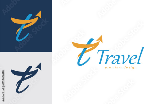 Initial letter T for travel logo design. vector initial t letter and flight plane graphic idea for travel agency logo concept