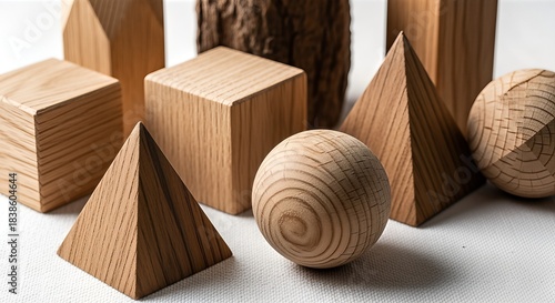 Collection of various wooden geometric shapes and forms on a white surface with natural wood texture.
