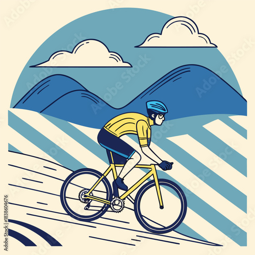 Cyclist in yellow jersey rides bicycle on road with determination and focus.