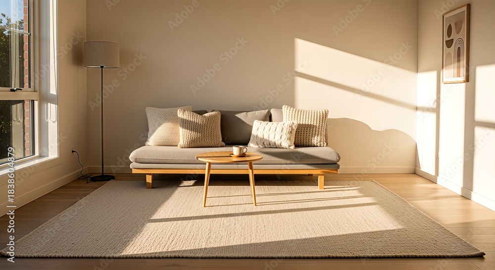 Fototapeta premium A bright and minimalist living room with a light grey sofa, wooden coffee table, and floor lamp, bathed in warm afternoon sunlight.