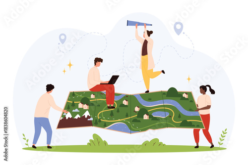 Group of tiny people interacting with a giant folded map, using laptop and telescope, symbolizing teamwork, travel planning, exploration, navigation, and discovery isolated vector illustration