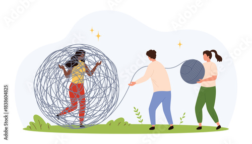Concept of mental clutter and emotional support with two people helping a woman untangle from chaotic thoughts, symbolizing teamwork and overcoming stress isolated vector illustration