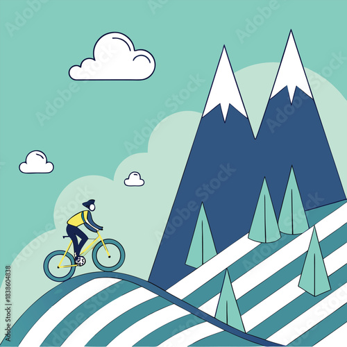 Cyclist riding bicycle on mountain path with scenic view of nature and adventure.