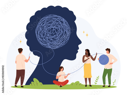 People unravel tangled lines inside a human head silhouette representing mental clutter, teamwork, psychological support, and therapy process in flat style isolated vector illustration