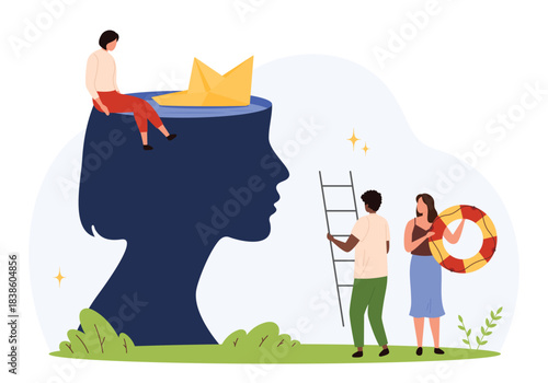 People helping each other with mental health, emotional support, and self-care, showing teamwork, empathy, and psychological well-being in a flat isolated vector illustration