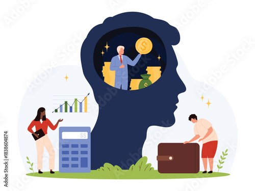 Business people exploring financial mindset, investment strategies, profit growth, and wealth accumulation with charts, coins, and calculator in flat style isolated vector illustration