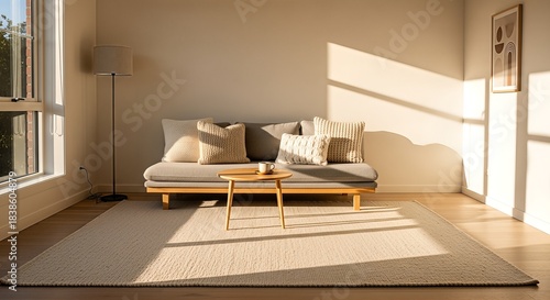 A bright and minimalist living room with a light grey sofa, wooden coffee table, and floor lamp, bathed in warm afternoon sunlight.