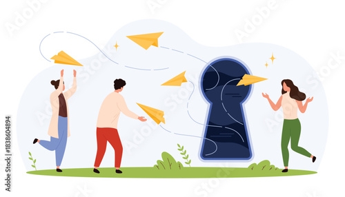 Three people launch paper planes toward a giant keyhole symbolizing new opportunities, creative ideas, and discovery in a modern flat style isolated vector illustration