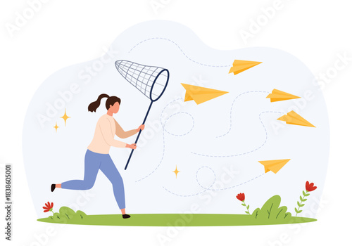 Female character running with net catching yellow paper planes, symbolizing pursuit of ideas, creativity, and communication in a playful outdoor scene isolated vector illustration