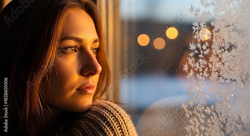A pensive woman with long brown hair looks out a frosted window during golden hour, wearing a cozy sweater.
