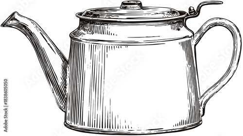 A detailed pen and ink style illustration of a classic tea pot