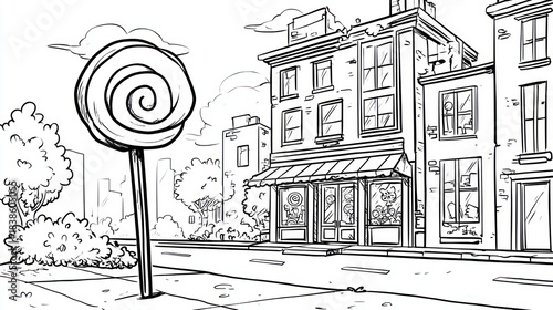 Black and white illustration of a city street with a giant lollipop and shop fronts