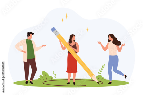 Three people interact as one draws a circle on the ground with a giant pencil, symbolizing personal space, boundaries, and social distance in a flat isolated vector illustration