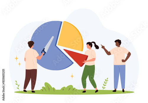 People collaborating to divide a colorful pie chart symbolizing teamwork, resource allocation, and business cooperation in a modern flat style isolated vector illustration