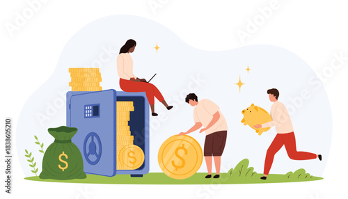 Three people interact with gold coins, piggy bank, and a secure safe, representing teamwork, financial growth, and saving money in a modern flat style isolated vector illustration