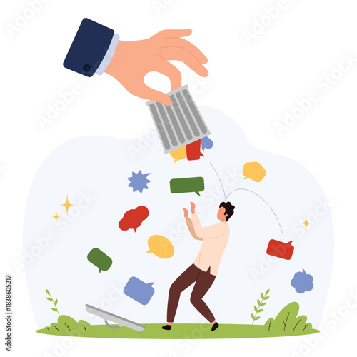 Concept of digital overload as a giant hand dumps colorful chat bubbles onto a stressed person, symbolizing excessive online messages and notifications isolated vector illustration