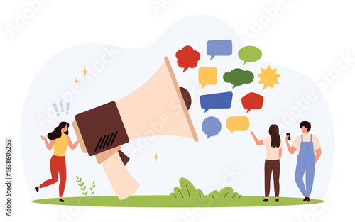 Cartoon people with giant megaphone and colorful speech bubbles showing communication, announcement, social interaction, and spreading information in flat style isolated vector illustration