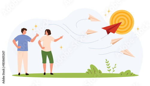 Two people celebrate success as paper planes fly toward a target symbolizing teamwork, ambition, and goal achievement in a modern flat style isolated vector illustration