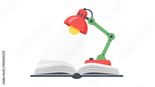 Illustration Of A Red Desk Lamp Illuminating An Open Book With White Pages On A Black Background Showing A Light Bulb And Jointed Arm, Representing Knowledge And Study, Ideal For Educational Content