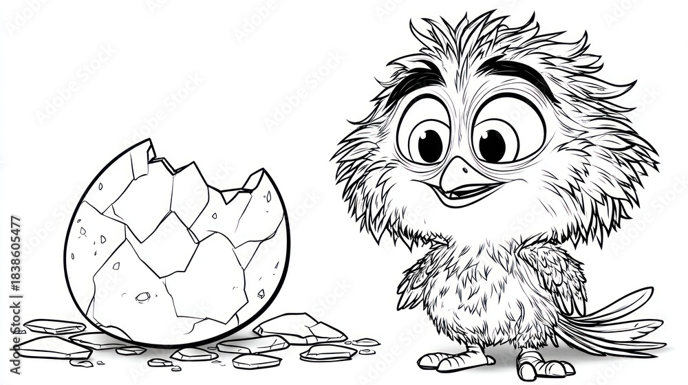 Fototapeta premium Line art of a fluffy newly hatched chick beside its broken egg