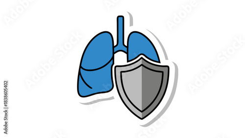 Illustration of a Blue Lungs Icon Protected by a Silver Shield on a Black Background with White Outline and Shadow