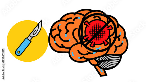 Illustration of a brain with a virus symbol crossed out and a scalpel in a circle indicating surgical intervention for brain conditions or infections on a white background