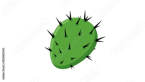 Illustration of a green prickly pear cactus pad with sharp black spines on a black background isolated sticker design