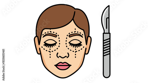 Illustration of a Human Face with Surgical Markings Ready for Cosmetic Procedure Next to a Scalpel on Black Background